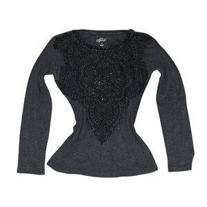 Vintage Y2K Whimsy Goth Style & Co Mandala Rhinestone Charcoal Ribbed Top- Small